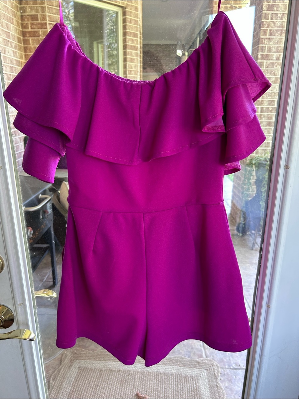 She + Sky Off-Shoulder Ruffle Romper in Magenta